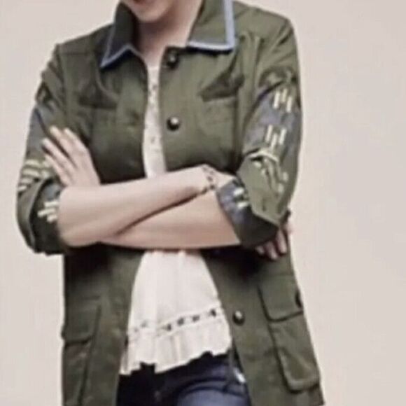 EUC Anthropologie Hei Hei Beaded Embroidered Olive Green Utility Jacket Sz SMALL - Picture 6 of 9